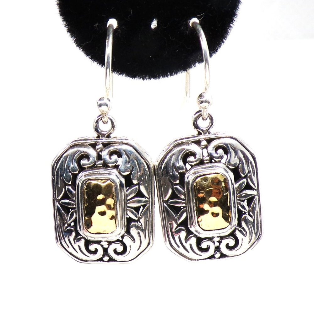 925/18k Gold Samuel B Hammered Texture Scroll Dangling Earrings
